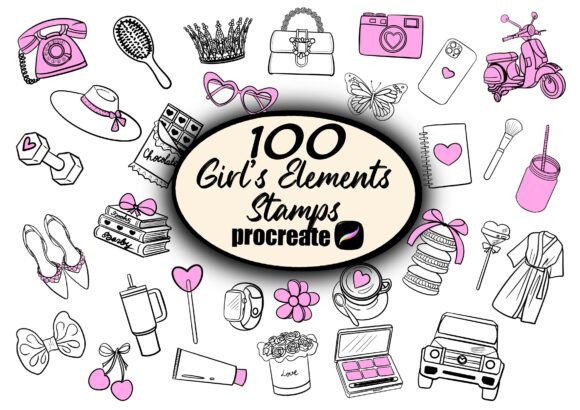 100 Girl’s Elements Stamps for Procreate: Elevating Digital Design with Feminine Aesthetics