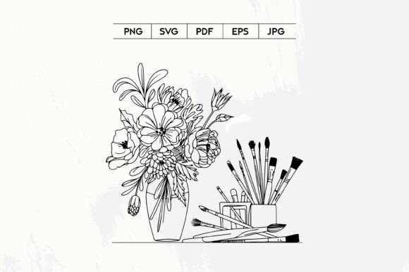 Floral Vase Paint Brushes Line Art Guide