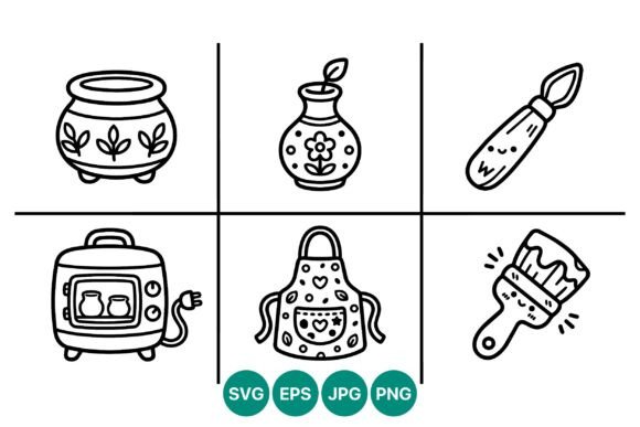 Pottery Oven Apron Brushes Lineart Icons for Creative and Commercial Projects