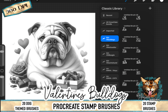 Valentine’s Bulldog Procreate Stamp Assets