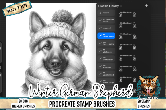 Winter German Shepherd Procreate Stamp: Enhancing Digital Art with Seasonal Charm